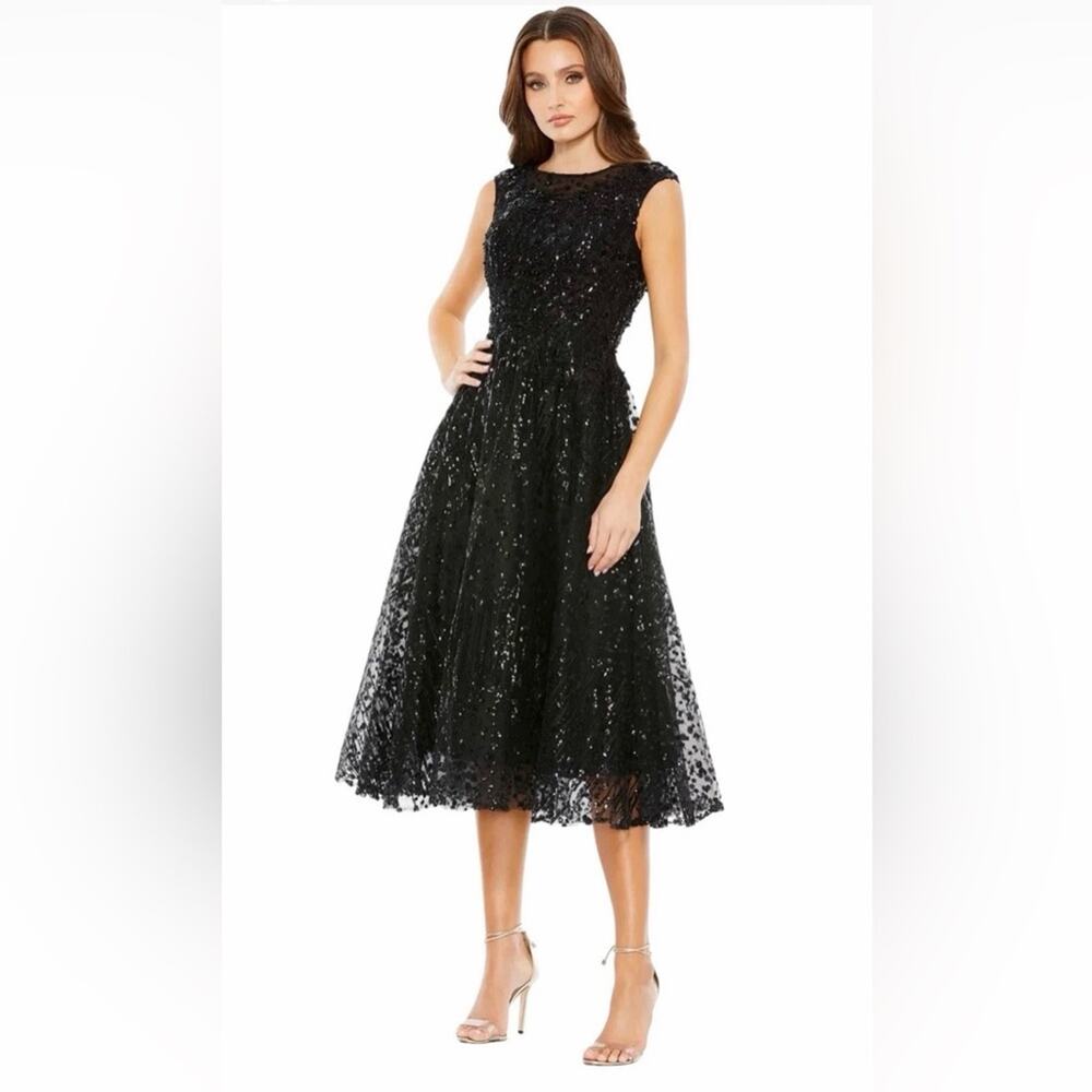 Mac Duggal A20398 Floral Embroidered Sequin Midi Dress - Black - 8 - NWT